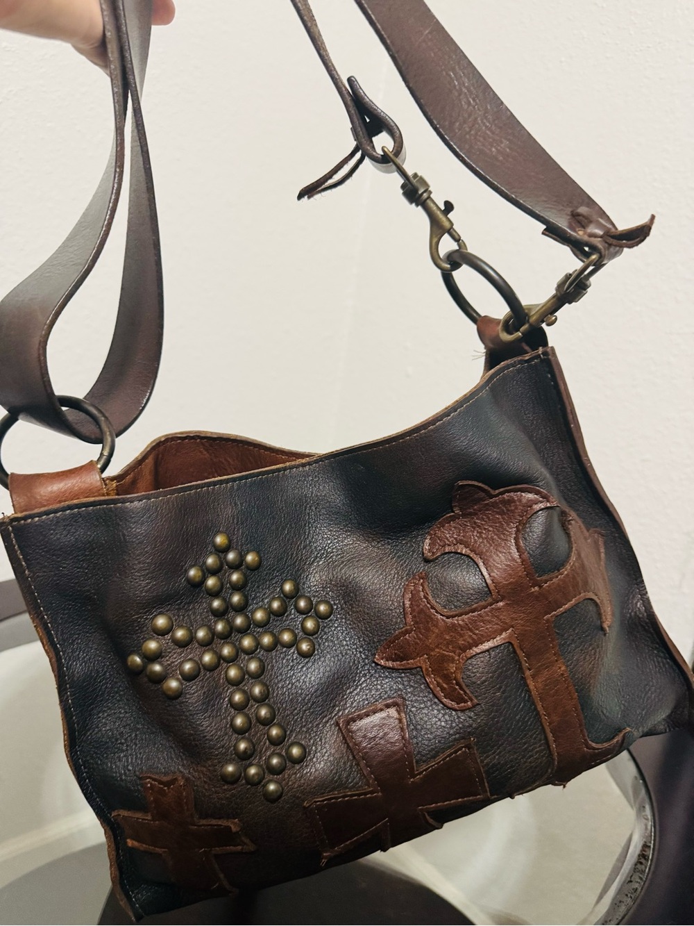 Dark Brown Leather Shoulder Bag with Cross Stud Accents